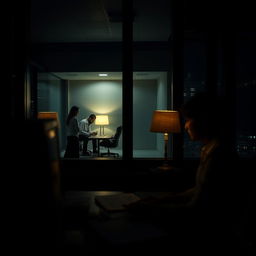A scene captured from outside an office building at night, showcasing a woman diligently working at her desk, illuminated by the warm light of her desk lamp