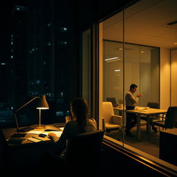 A scene captured from outside an office building at night, showcasing a woman diligently working at her desk, illuminated by the warm light of her desk lamp