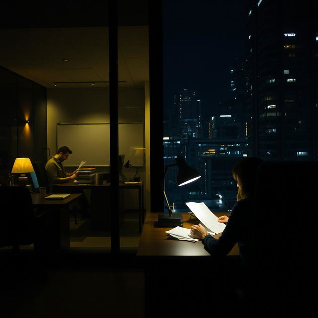 A scene captured from outside an office building at night, showcasing a woman diligently working at her desk, illuminated by the warm light of her desk lamp