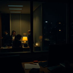A scene captured from outside an office building at night, showcasing a woman diligently working at her desk, illuminated by the warm light of her desk lamp