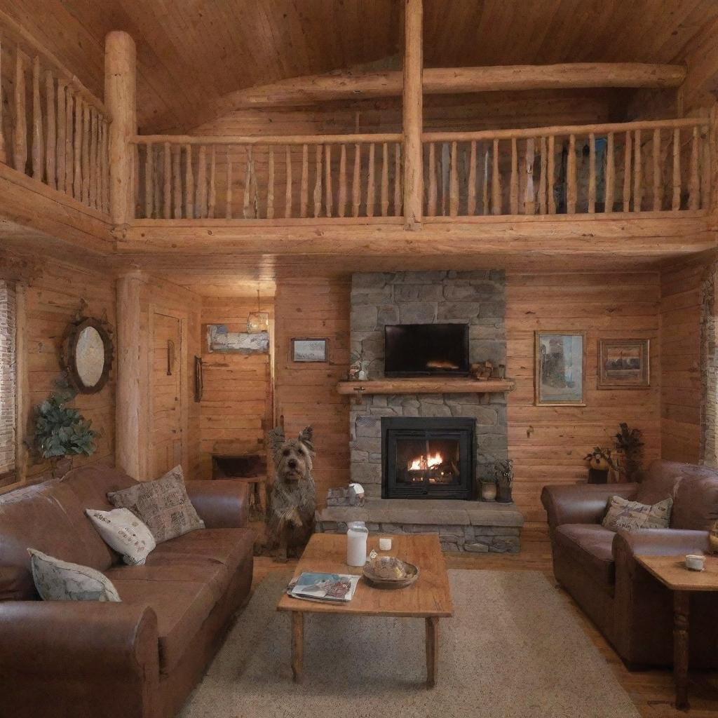 A young couple inside a wooden cabin with a fireplace ablaze