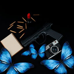 A visually striking photo featuring a black background, emphasizing a dark and moody theme through a carefully arranged selection of objects