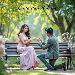 A beautiful woman sits elegantly on a park bench while a handsome man kneels before her, proposing with a ring
