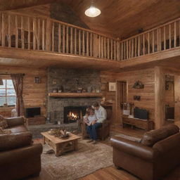 A young couple inside a wooden cabin with a fireplace ablaze