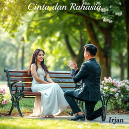 A beautiful woman sits elegantly on a park bench while a handsome man kneels before her, proposing with a ring