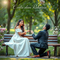 A beautiful woman sits elegantly on a park bench while a handsome man kneels before her, proposing with a ring