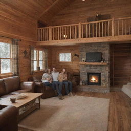 A young couple inside a wooden cabin with a fireplace ablaze