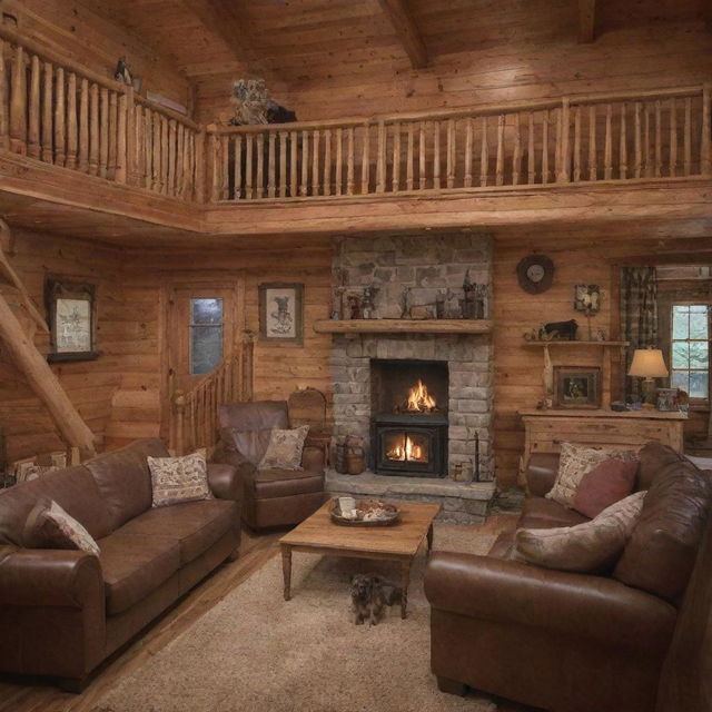 A young couple inside a wooden cabin with a fireplace ablaze