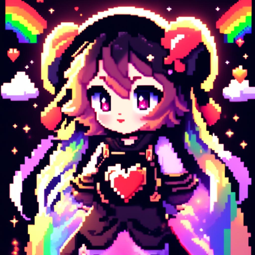 A pixel art profile picture featuring a 3D heart surrounded by radiating rainbows against a black background.