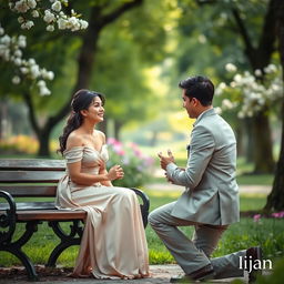 A woman seated on a park bench, elegantly dressed, exuding a sense of calm and beauty, while a handsome man kneels in front of her, proposing with a captivating expression of love and sincerity