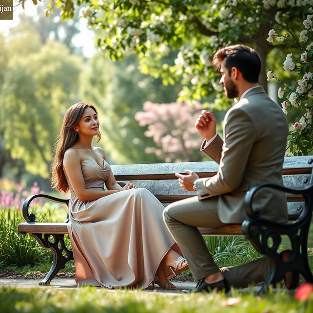 A woman seated on a park bench, elegantly dressed, exuding a sense of calm and beauty, while a handsome man kneels in front of her, proposing with a captivating expression of love and sincerity