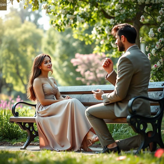 A woman seated on a park bench, elegantly dressed, exuding a sense of calm and beauty, while a handsome man kneels in front of her, proposing with a captivating expression of love and sincerity