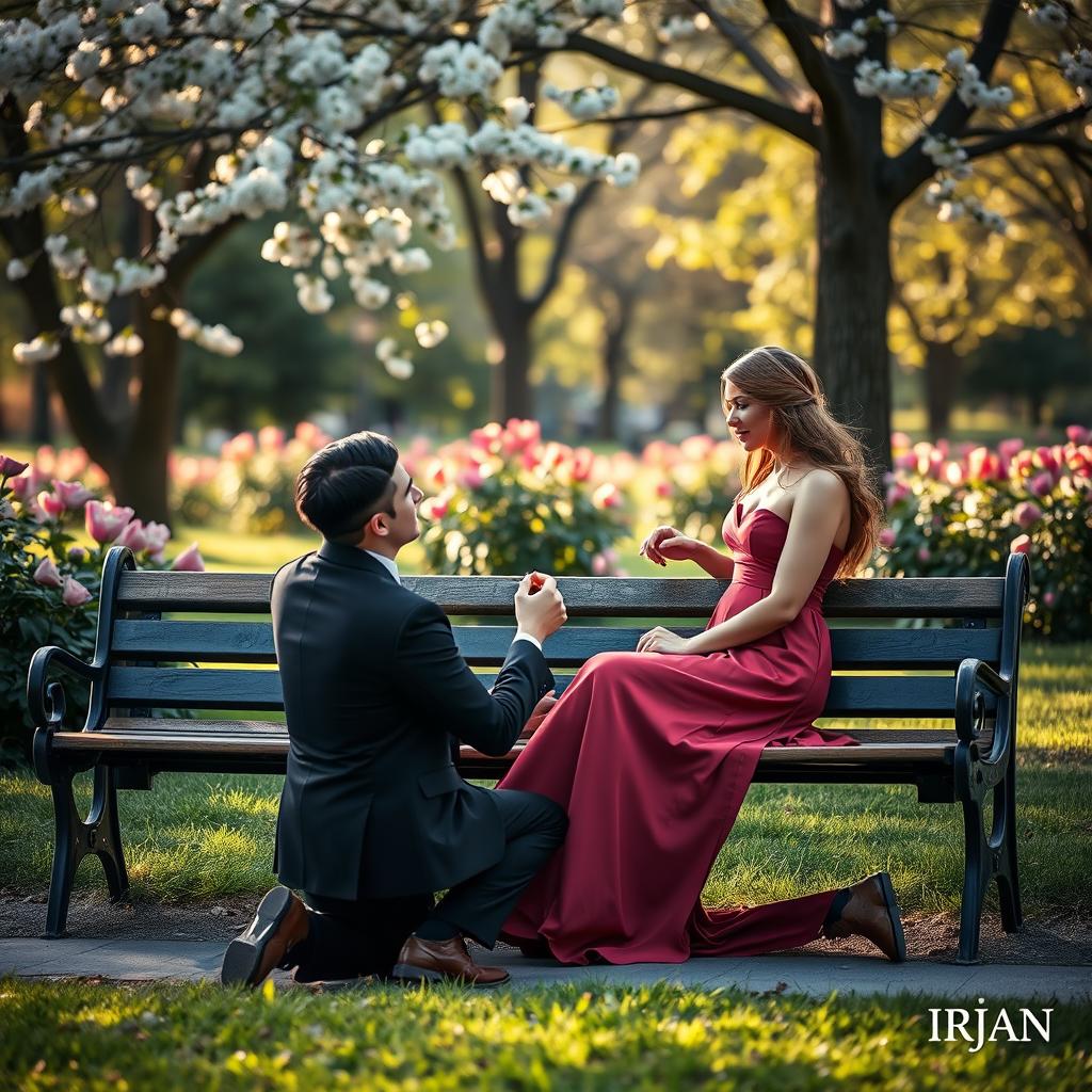 A woman seated on a park bench, elegantly dressed, exuding a sense of calm and beauty, while a handsome man kneels in front of her, proposing with a captivating expression of love and sincerity