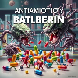 A striking poster showcasing a dramatic scene of bacteria depicted as sinister, mutated forms attacking and overpowering a group of colorful and vibrant antibiotics represented as small figures or capsules