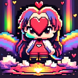 A pixel art profile picture featuring a 3D heart surrounded by radiating rainbows against a black background.