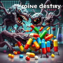 A striking poster showcasing a dramatic scene of bacteria depicted as sinister, mutated forms attacking and overpowering a group of colorful and vibrant antibiotics represented as small figures or capsules