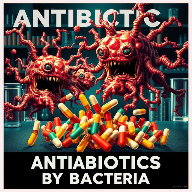 A striking poster showcasing a dramatic scene of bacteria depicted as sinister, mutated forms attacking and overpowering a group of colorful and vibrant antibiotics represented as small figures or capsules