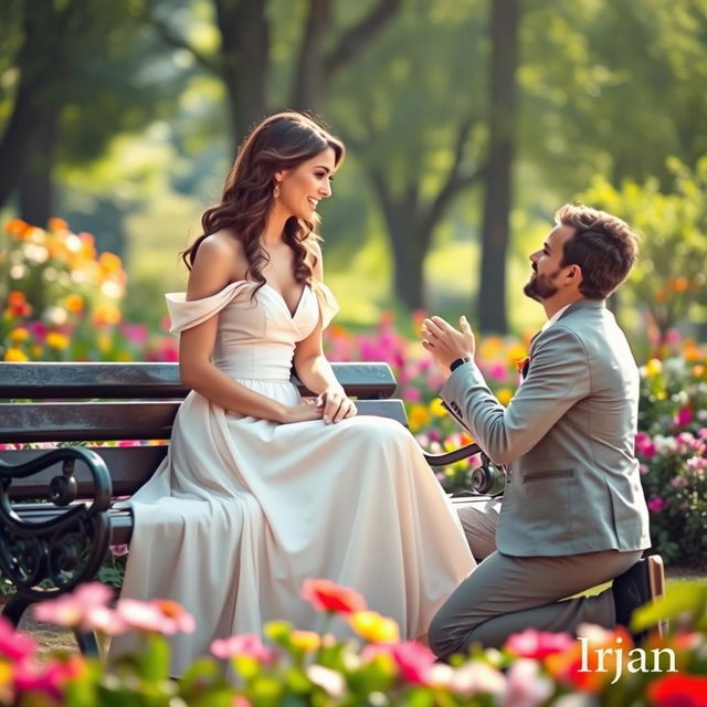 A woman sitting on a park bench, elegantly dressed and radiating beauty, while a handsome man kneels before her, proposing with a heartfelt look, encapsulating the theme of 'love and secrets'