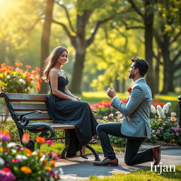 A woman sitting on a park bench, elegantly dressed and radiating beauty, while a handsome man kneels before her, proposing with a heartfelt look, encapsulating the theme of 'love and secrets'