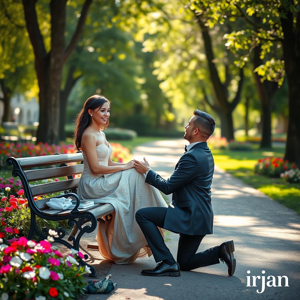 A woman sitting on a park bench, elegantly dressed and radiating beauty, while a handsome man kneels before her, proposing with a heartfelt look, encapsulating the theme of 'love and secrets'