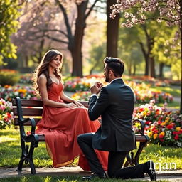 A woman sitting on a park bench, elegantly dressed and radiating beauty, while a handsome man kneels before her, proposing with a heartfelt look, encapsulating the theme of 'love and secrets'