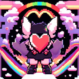 A pixel art profile picture featuring a 3D heart surrounded by radiating rainbows against a black background.