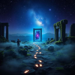 A mystical scene depicting a vast, timeless landscape where the past meets the future, featuring ancient ruins partially covered by lush green vines, with a glowing portal in the center radiating blue and purple light