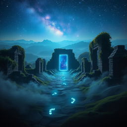 A mystical scene depicting a vast, timeless landscape where the past meets the future, featuring ancient ruins partially covered by lush green vines, with a glowing portal in the center radiating blue and purple light