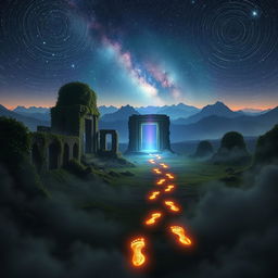 A mystical scene depicting a vast, timeless landscape where the past meets the future, featuring ancient ruins partially covered by lush green vines, with a glowing portal in the center radiating blue and purple light