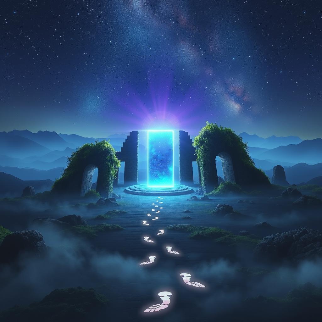 A mystical scene depicting a vast, timeless landscape where the past meets the future, featuring ancient ruins partially covered by lush green vines, with a glowing portal in the center radiating blue and purple light