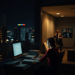 An office building illuminated at night, showcasing a woman diligently working late at her desk, surrounded by stacks of files and the soft glow of her computer screen