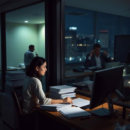 An office building illuminated at night, showcasing a woman diligently working late at her desk, surrounded by stacks of files and the soft glow of her computer screen