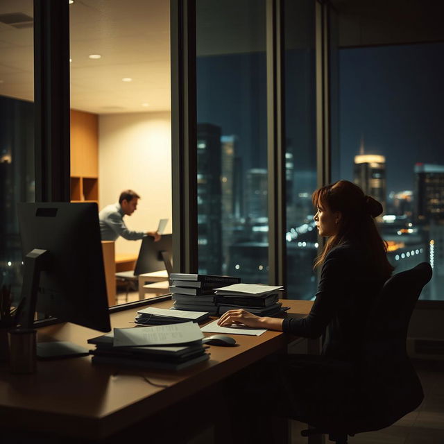 An office building illuminated at night, showcasing a woman diligently working late at her desk, surrounded by stacks of files and the soft glow of her computer screen