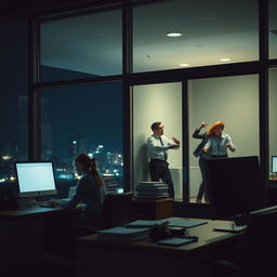 An office building illuminated at night, showcasing a woman diligently working late at her desk, surrounded by stacks of files and the soft glow of her computer screen