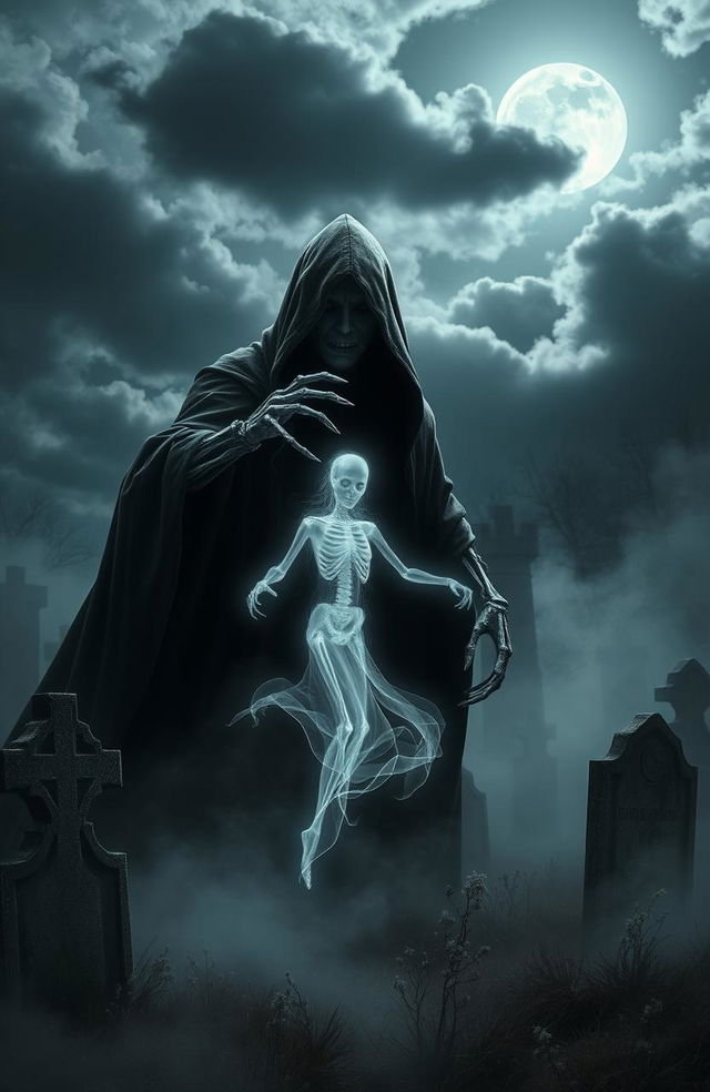 A dark and eerie fantasy scene depicting a Dementor emerging from the shadows, its hooded figure exuding a chilling aura