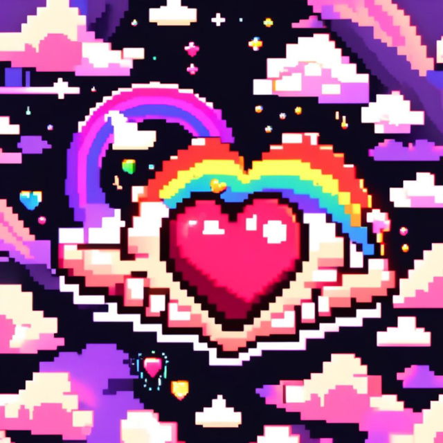 A pixel art profile picture featuring a 3D heart surrounded by radiating rainbows against a black background.