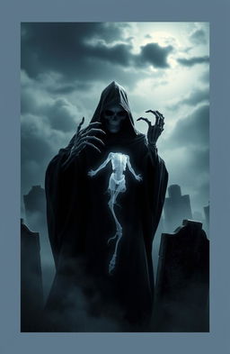 A dark and eerie fantasy scene depicting a Dementor emerging from the shadows, its hooded figure exuding a chilling aura