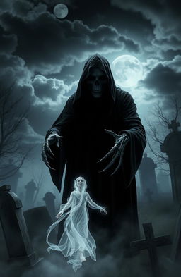 A dark and eerie fantasy scene depicting a Dementor emerging from the shadows, its hooded figure exuding a chilling aura