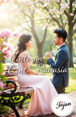 A woman sitting on a park bench, looking elegantly dressed, gazing at a handsome man who is proposing to her, depicted with an emotional and romantic atmosphere, surrounded by blooming flowers and soft sunlight filtering through trees, capturing the moment of love and secrets