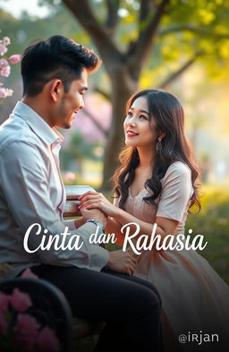 A woman sitting on a park bench, looking elegantly dressed, gazing at a handsome man who is proposing to her, depicted with an emotional and romantic atmosphere, surrounded by blooming flowers and soft sunlight filtering through trees, capturing the moment of love and secrets