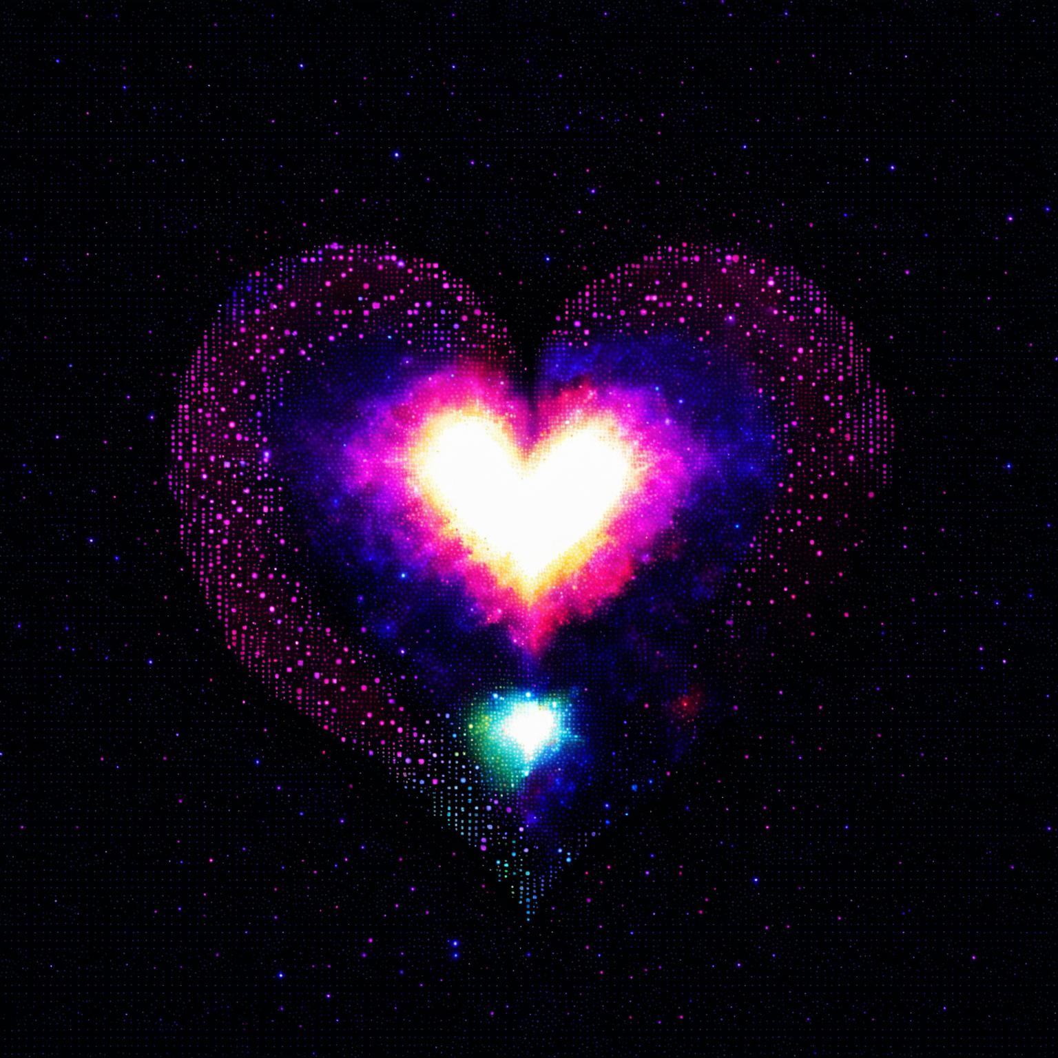 A cosmic pixel art featuring a large radiant heart amidst a starry galaxy backdrop in high definition.