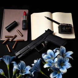 A dark themed composition featuring a black background