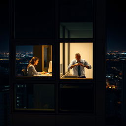 An exterior view of an office building at night, showcasing the illuminated windows