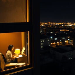 An exterior view of an office building at night, showcasing the illuminated windows
