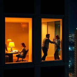 An exterior view of an office building at night, showcasing the illuminated windows