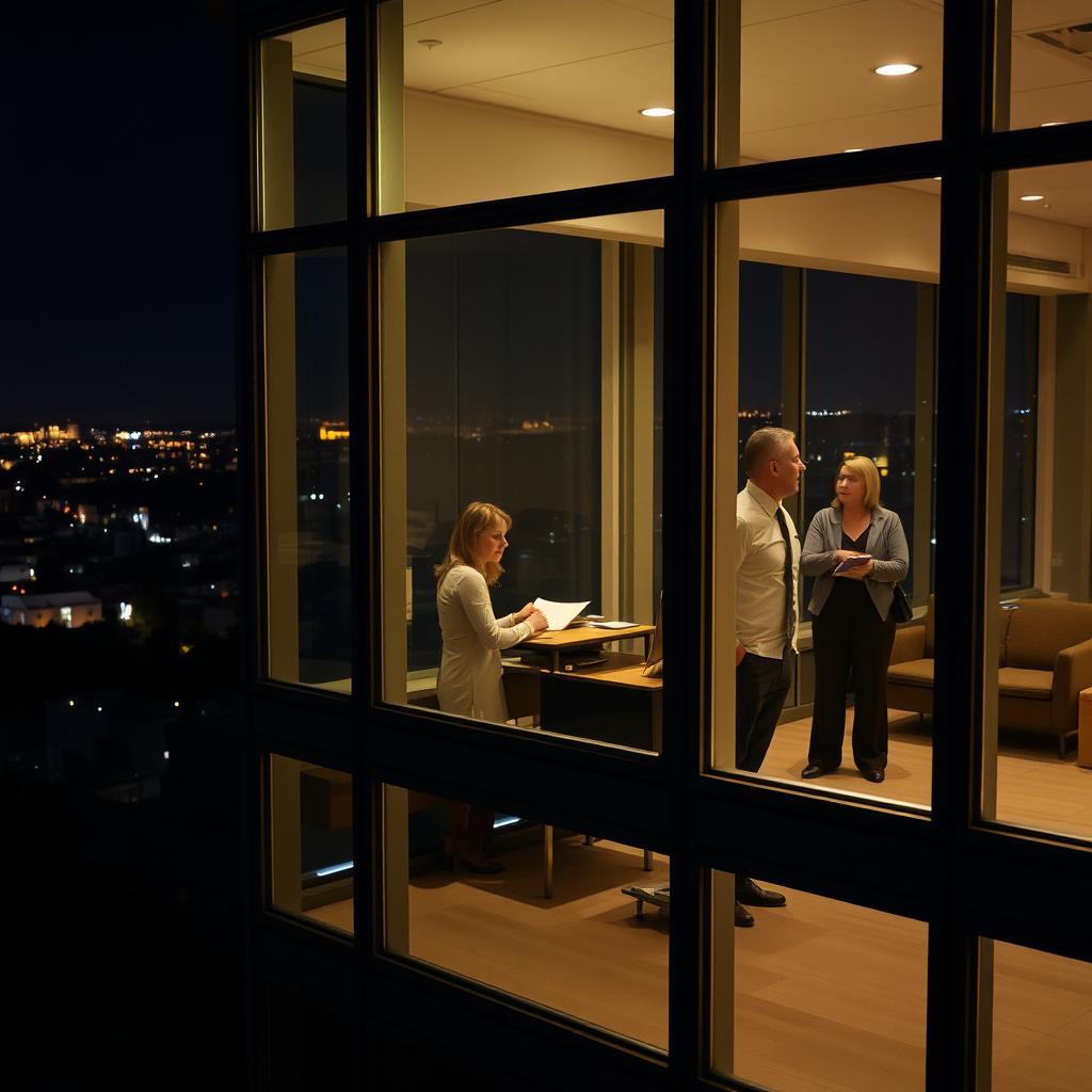 An exterior view of an office building at night, showcasing the illuminated windows