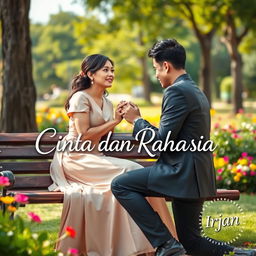 A woman sitting on a park bench, elegantly dressed, looking lovingly at a handsome man who is proposing to her