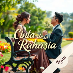 A woman sitting on a park bench, elegantly dressed, looking lovingly at a handsome man who is proposing to her