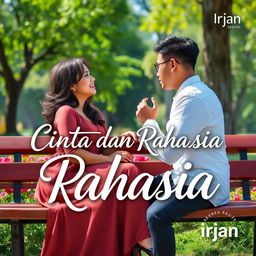 A woman sitting on a park bench, elegantly dressed, looking lovingly at a handsome man who is proposing to her