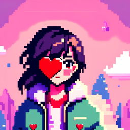 Pixel art profile picture featuring a vibrant red heart against a soft pastel background.